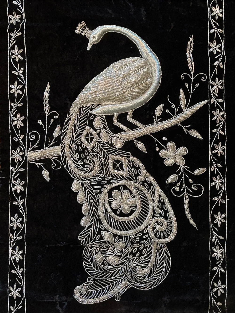 Embroidered Peacock Wall Hanging in Silver on Black